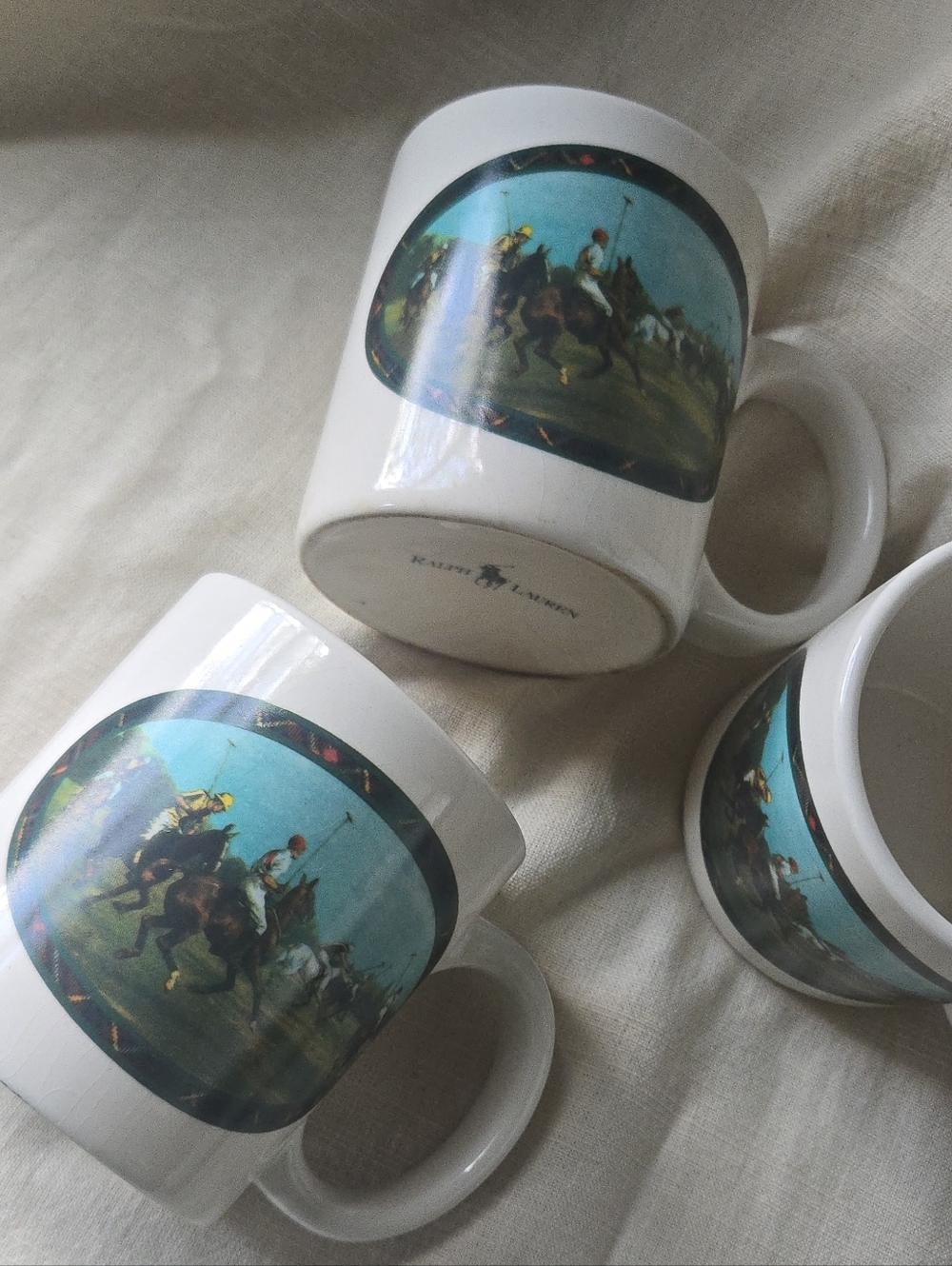 Ralph Lauren White Ceramic Mug with Blue Polo Scene, Set Of 3
